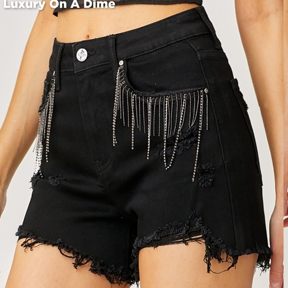 High-Rise Rhinestone Chain Fringe Distressed Jean Torn Cutoff Denim RISEN Shorts - Picture 1 of 13